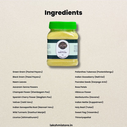 Comprehensive display of over 20 natural ingredients used in Nalangu Maavu from Lakshmi Store, including turmeric, neem, hibiscus, and more, showcasing the richness and diversity of the herbal blend.