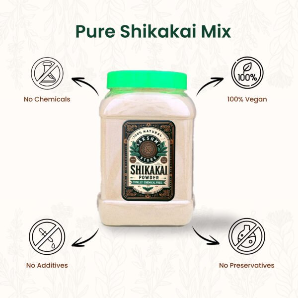 Visual showcasing the unique selling points of LakshmiStore Shikakai Mix, emphasizing no chemicals, vegan, and all-natural ingredients.