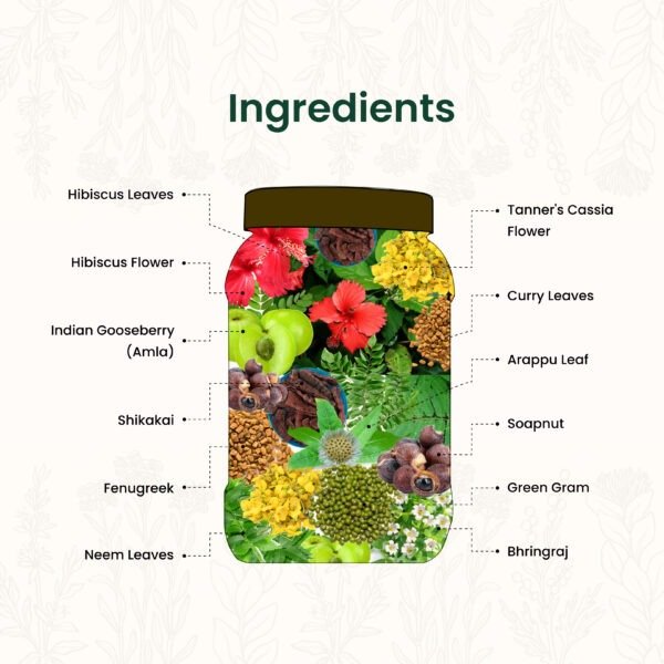 Detailed visual of the natural ingredients used in LakshmiStore Shikakai Mix, including Shikakai, Amla, and Neem leaves, etc